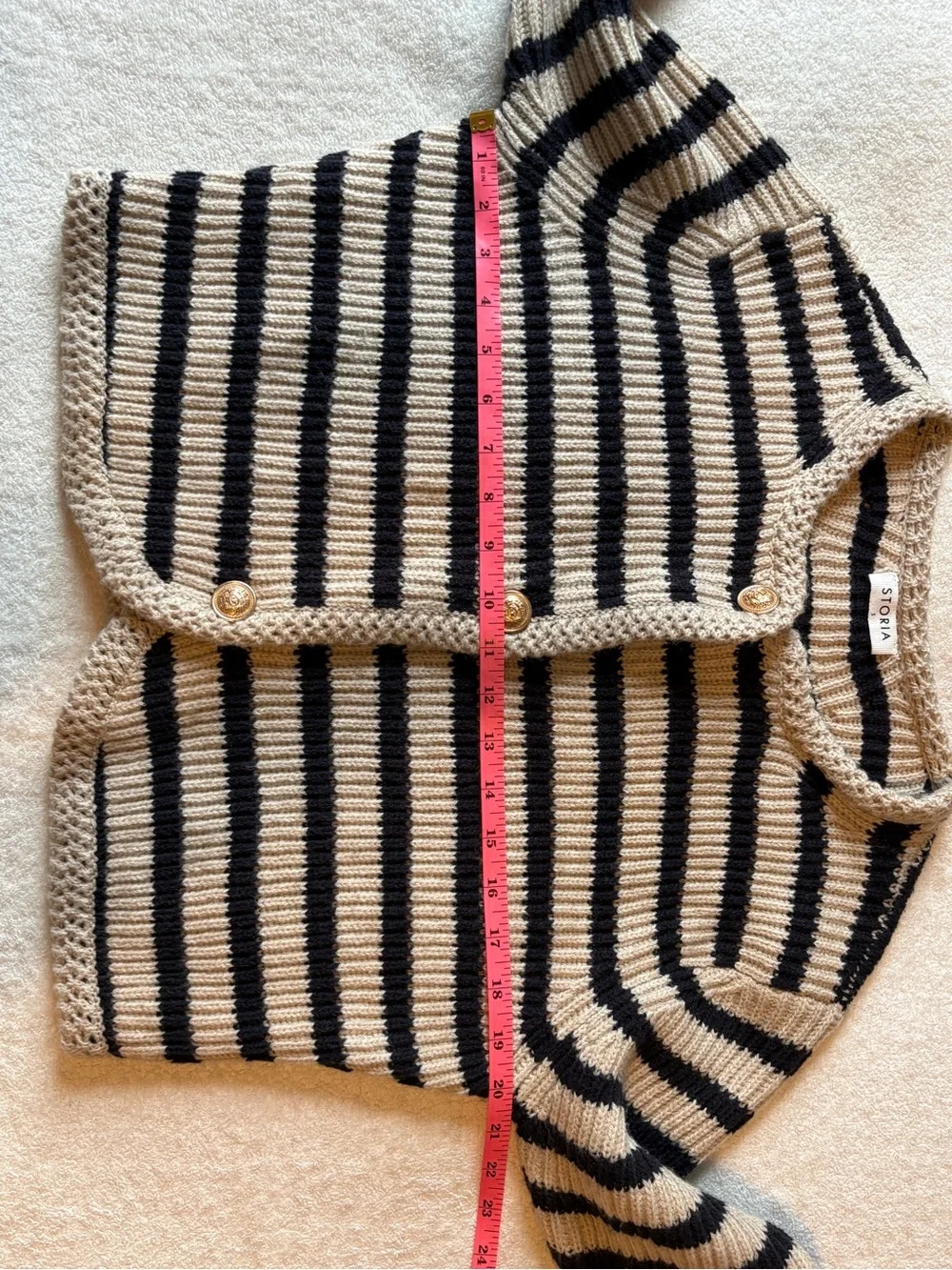 Storia Black & Tan Striped Cropped Cardigan, Gold Buttons, Women’s Sz Small